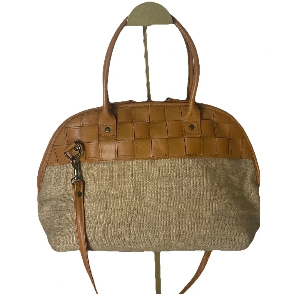 La Borsa Woven Cognac Leather & Solid Beige Woven Fabric‎ Satchel Handbag